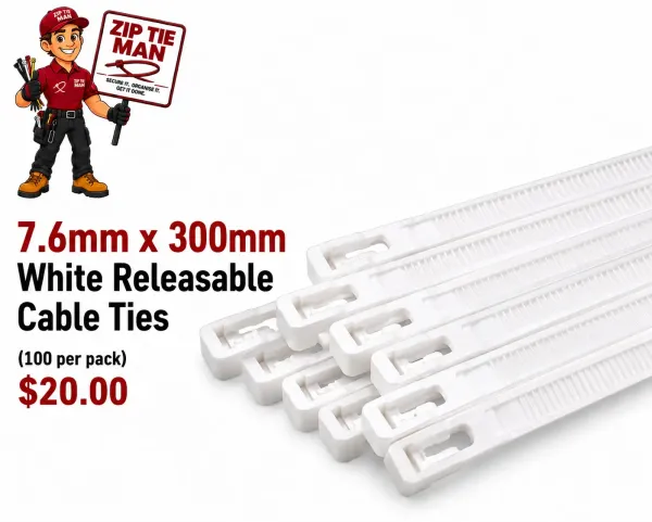 7.6mm x 300mm White Releasable Cable Ties 100pcs
